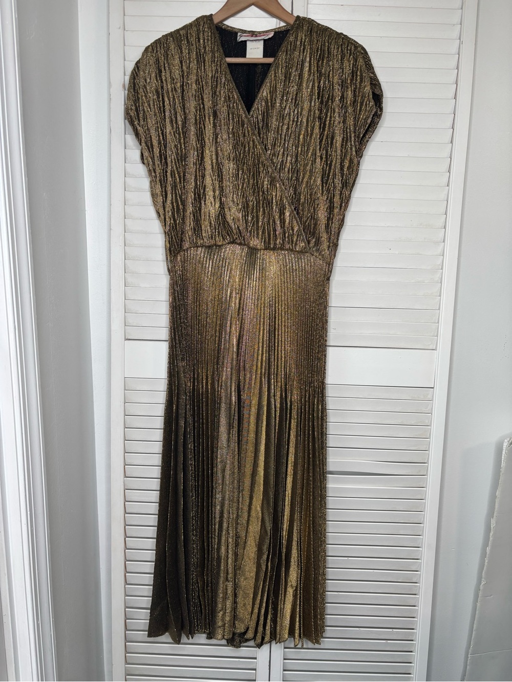 VTG 80s Sue Wong Liquid Gold Pleated Metallic Plissé Maxi Dress Gown Large USA
